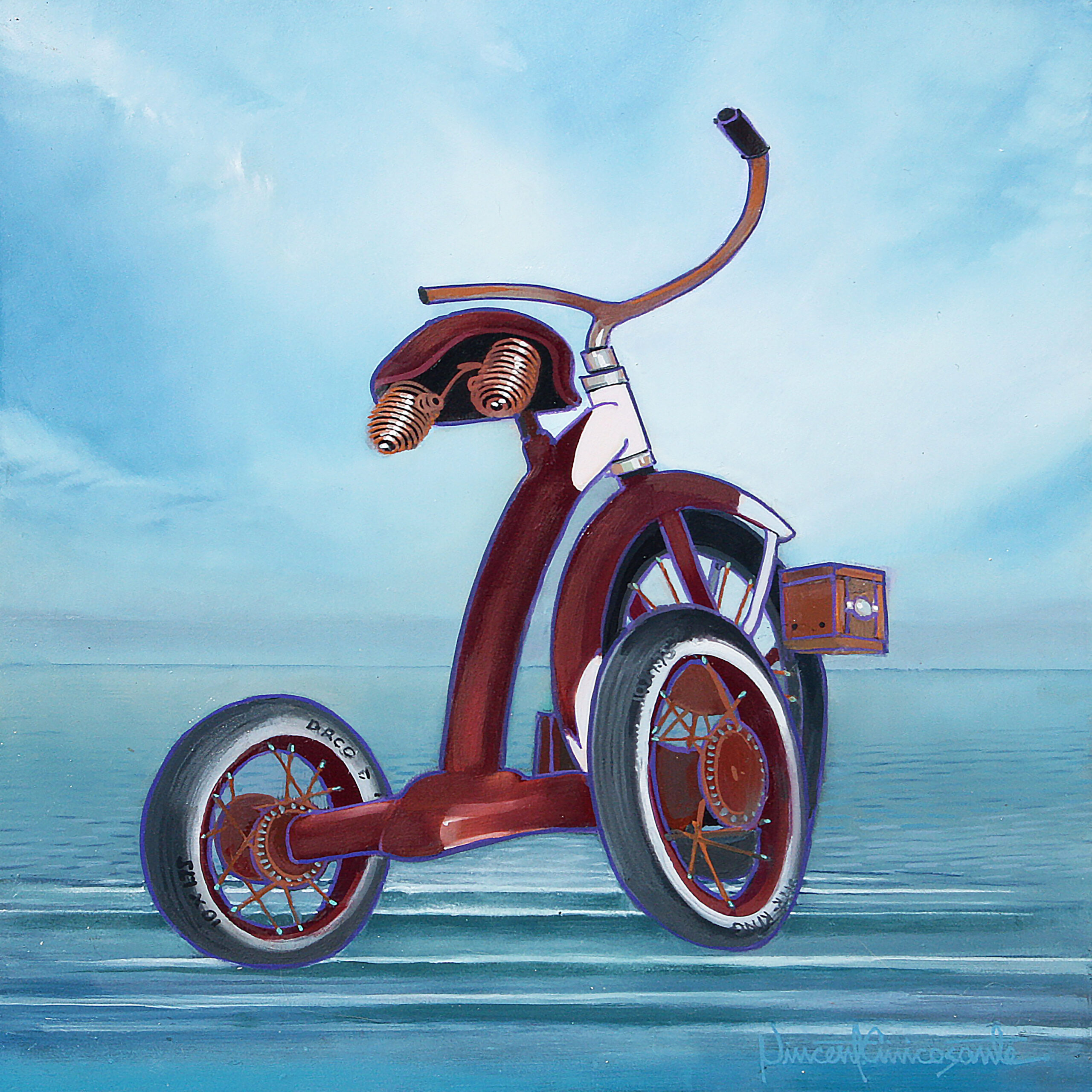 Original oil painting on panel. A red tricycle floating over a blue sea.