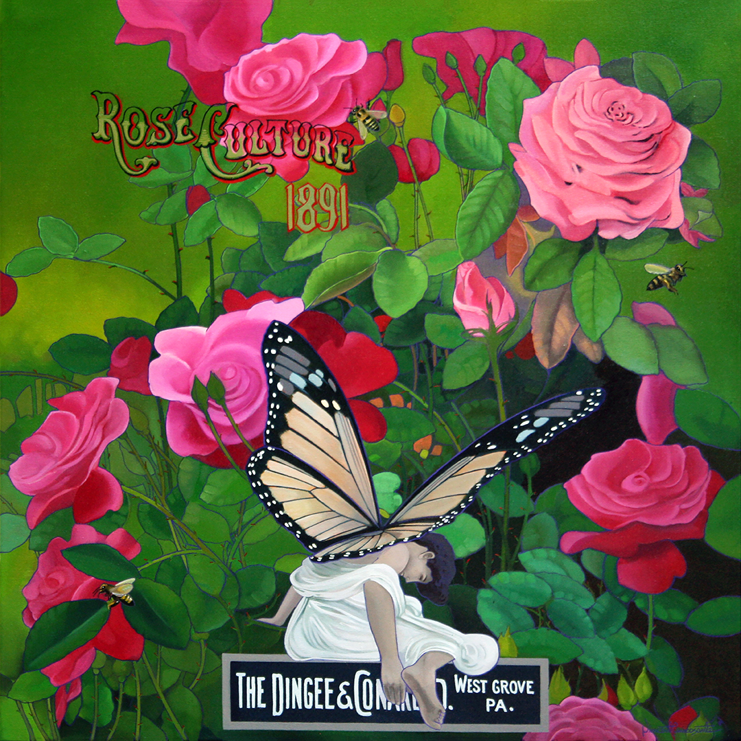 Vintage Rose Culture seed package superimposed over pink roses with a seated female butterfly nymph.
